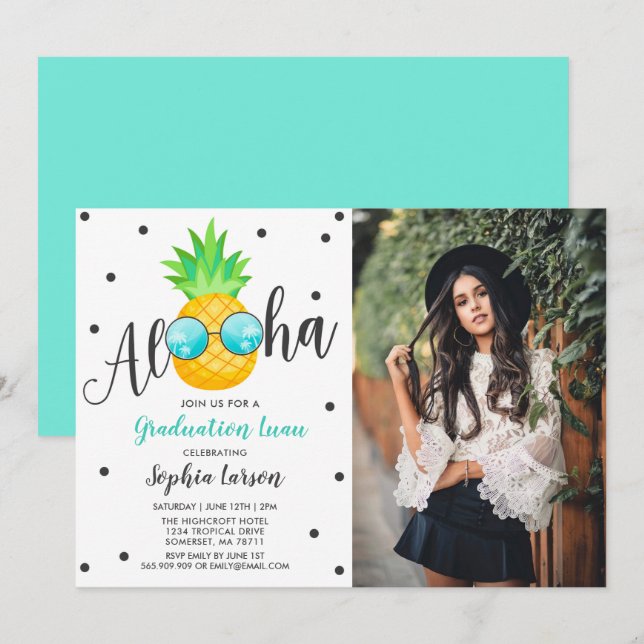 Graduación Luau Party Invitación Pineapple Grad (Anverso / Reverso)