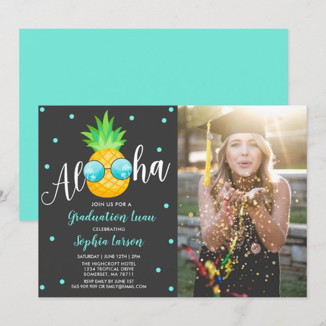 Graduación Luau Party Invitación Pineapple Grad (Anverso / Reverso)