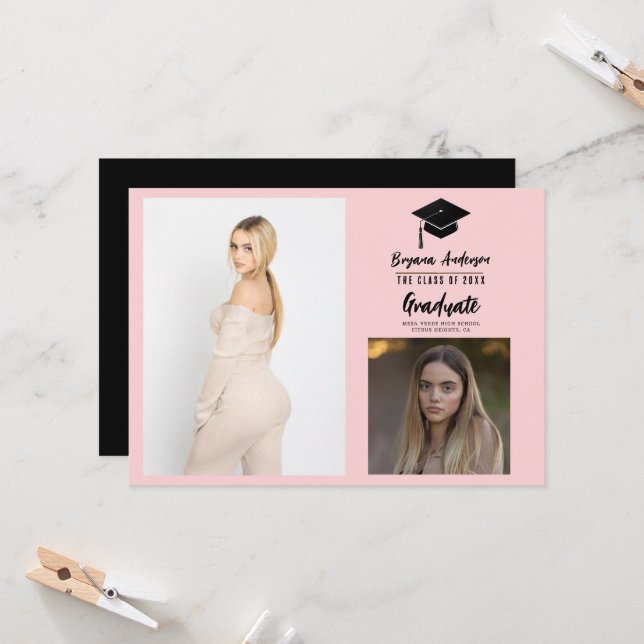 Graduación moderna rosa negra 2 Invitación de foto (Anverso/Reverso In Situ)