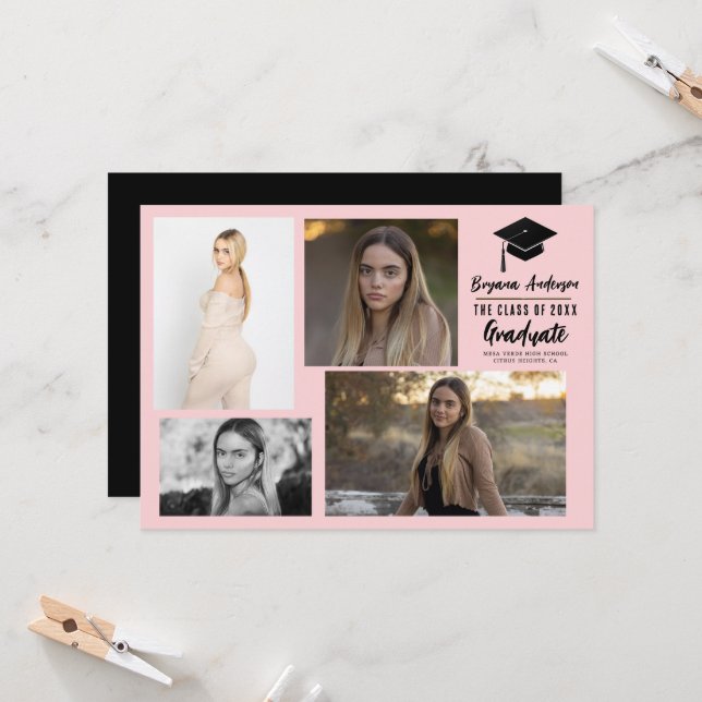 Graduación moderna rosa negra 4 Invitación de foto (Anverso/Reverso In Situ)