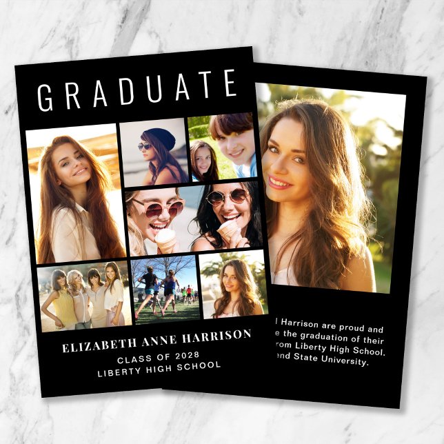 Graduación negra de Collage de fotos moderno (Cherish the milestone: share your graduate's achievement with a custom photo graduation announcement)