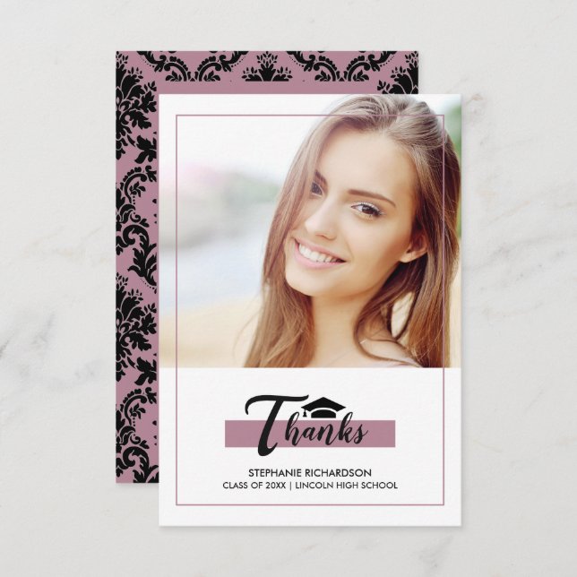 Graduación negra púrpura gracias tarjeta de foto (Anverso / Reverso)