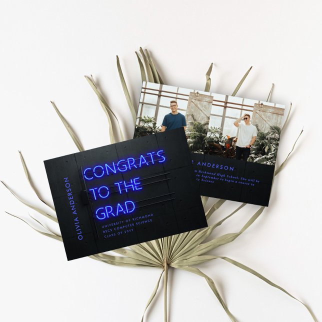 Graduación neón azul negro felicitaciones moderna  (Subido por el creador)