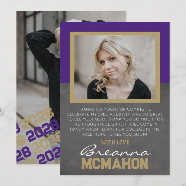Graduación púrpura y bronce 2 Tarjeta de agradecim (Anverso / Reverso)