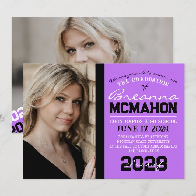Graduación púrpura y negra 2 Invitación fotográfic (Anverso / Reverso)