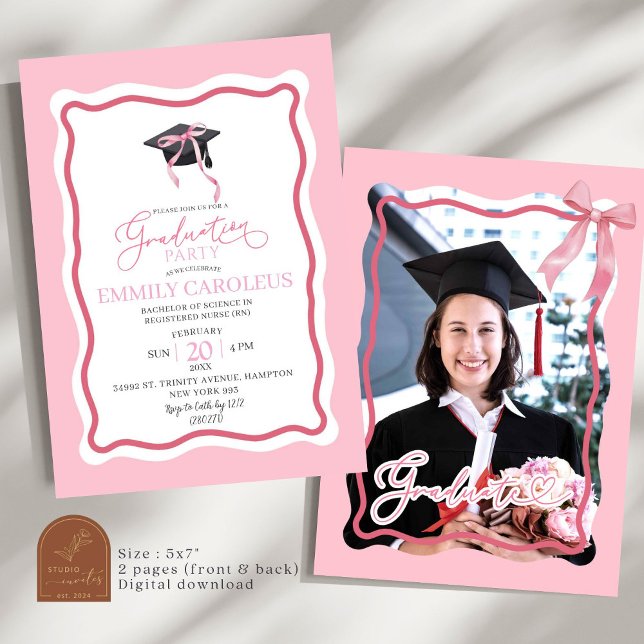 Graduación Retro De Onda Rosa Con Invitación Fotog (Subido por el creador)