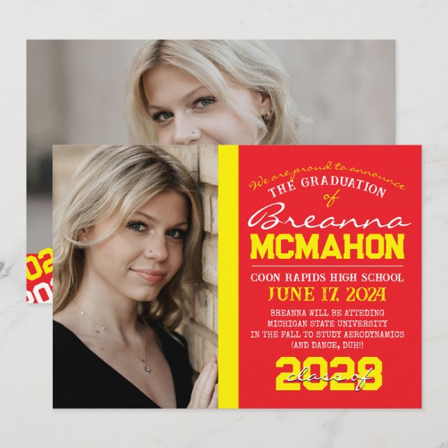 Graduación roja y amarilla 2 Invitación de fotos (Anverso / Reverso)