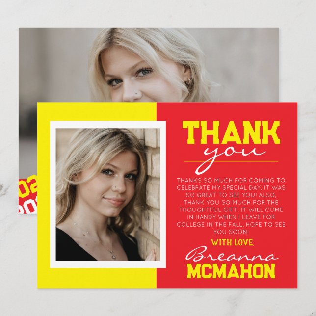 Graduación roja y amarilla 2 tarjeta de agradecimi (Anverso / Reverso)