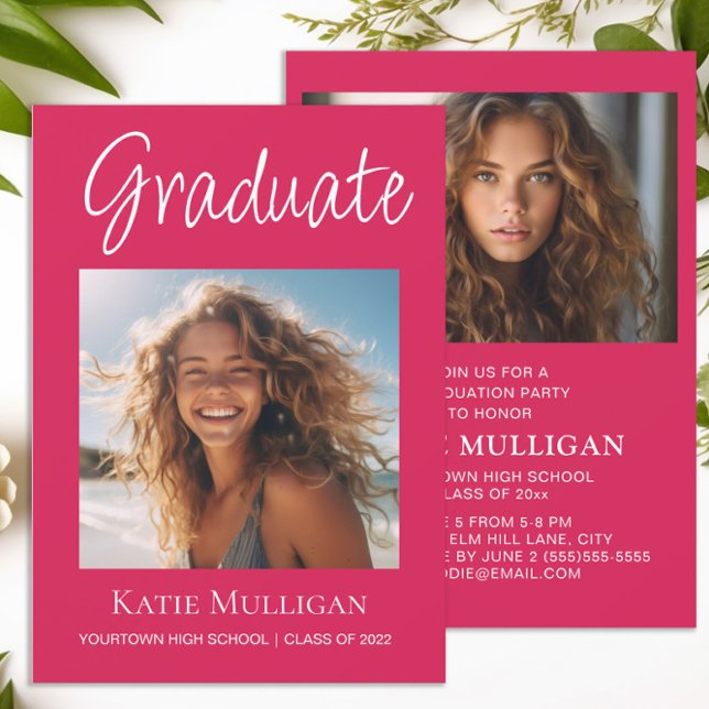 Graduación Rosa 2 Fiesta de Graduación de Foto (Hot pink 2-photo graduation party invitation)