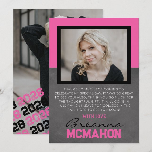 Graduación rosa caliente y negro 2 tarjeta de agra (Anverso / Reverso)