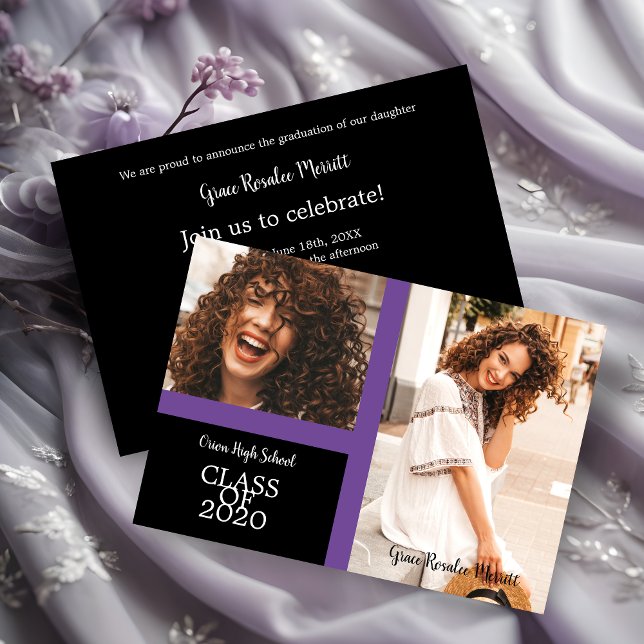 Graduación simple de dos fotos en morado (Graduate Simple Two Photos Graduation Invitation Card in Purple.)