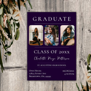 Graduación simple de tres fotos   Invitación púrpu