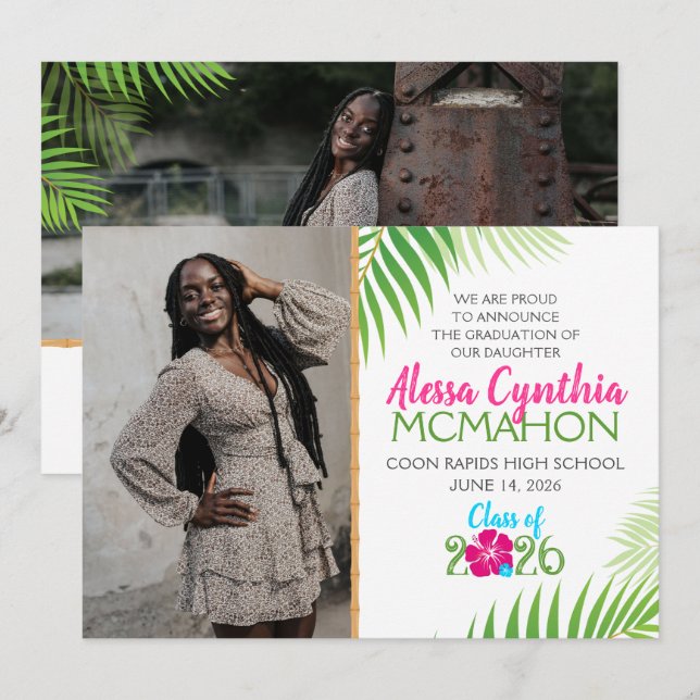 Graduación Tropical Luau 2 Invitación fotográfica (Anverso / Reverso)