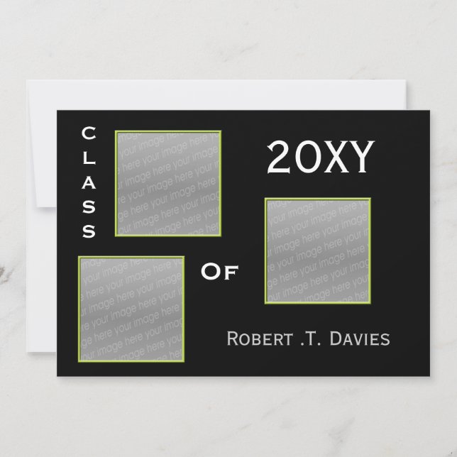 Graduación verde liso multifoto Invitación (Anverso)