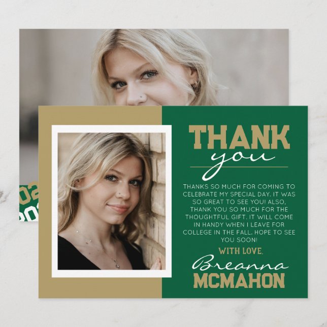 Graduación verde y de oro 2 Tarjeta de agradecimie (Anverso / Reverso)