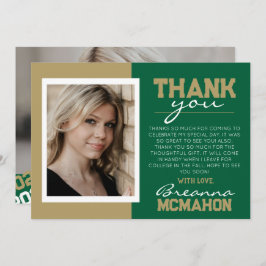 Graduación verde y de oro 2 Tarjeta de agradecimie