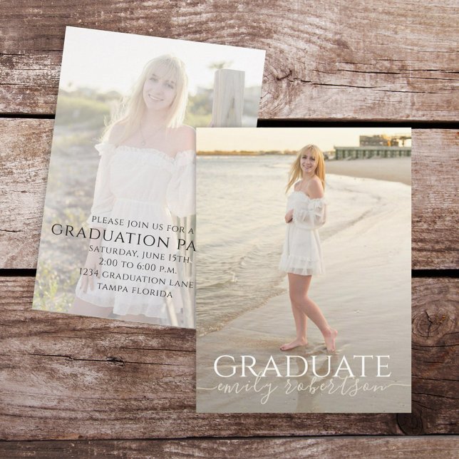 Graduado de plantilla de fotografía simple Minimal (Graduation photo invitation with gold calligraphy script and a 2-photo template. )