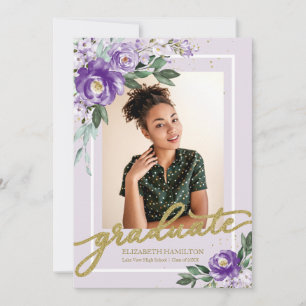Graduado Grado Morado Floral Foto de Invitación