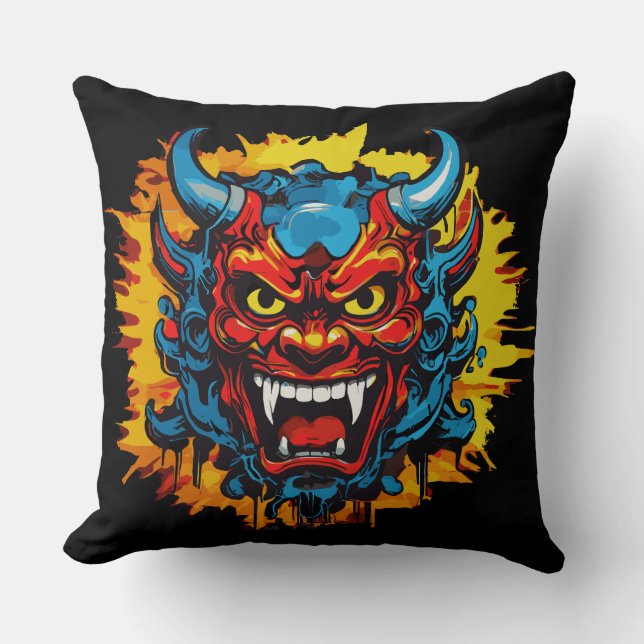 Graffiti Oni Mask Cojín decorativo de arte audaz (Anverso)
