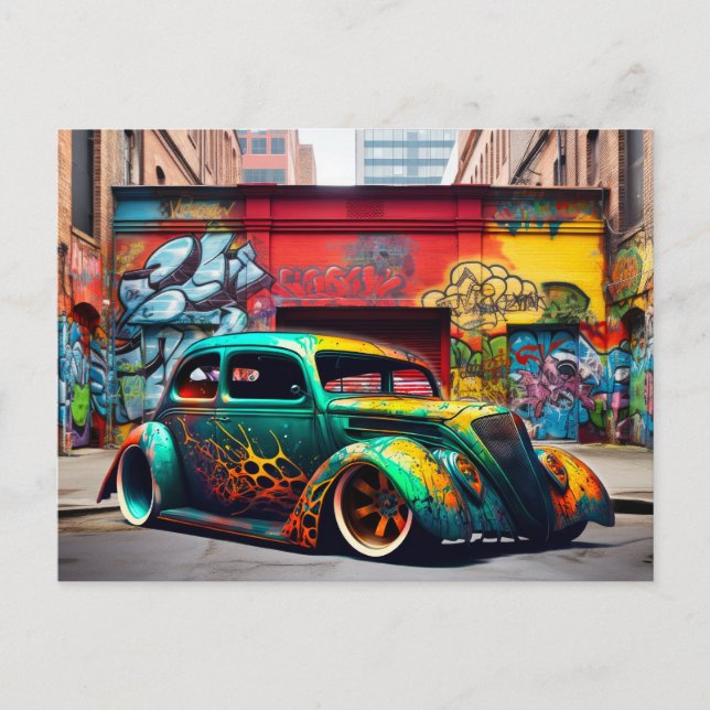 Graffiti retro Hot Rod Postal con autos cinematogr (Anverso)