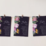 Gráfica colorida de la tabla morada tropical flora<br><div class="desc">Esta gráfica de números de mesas con flores tropicales de color púrpura es perfecta para su destino boho moderno, verde, violeta, boda de melocotón. El diseño cuenta con un elegante ramo de vegetación acuática clásica y flores que pueden incluir eucalipto verde salado, protea malva y roja, hibiscos rosa rubor, ave...</div>
