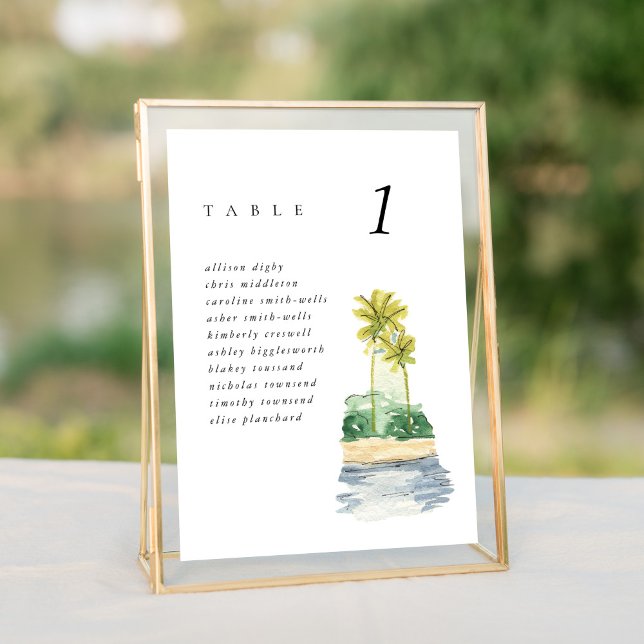 Gráfica de asientos Bodas de 5 x 7" para palmeras  (Watercolor palm trees tropical beach wedding table number sign.)