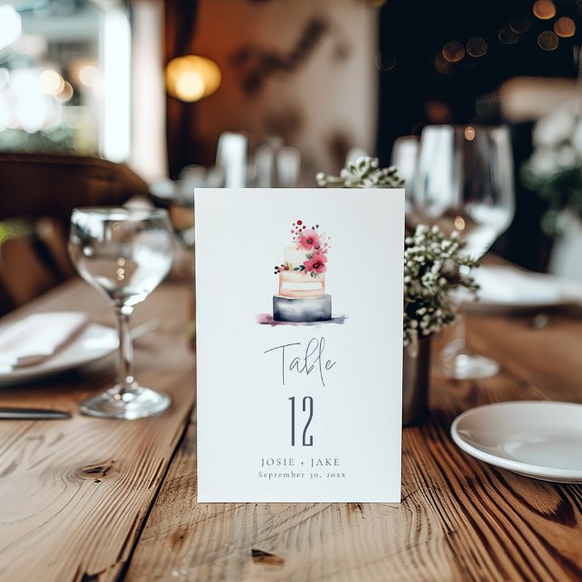 Gráfica de asientos del número de mesa de la torta (Watercolor Wedding Cake Table Number card.)