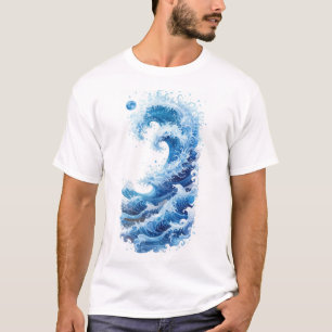 Gráfico azul de olas oceánicas en camiseta blanca