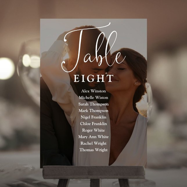 Gráfico de asientos con número de mesa con letra e (Elegant Script Photo Seating Chart Table Number)