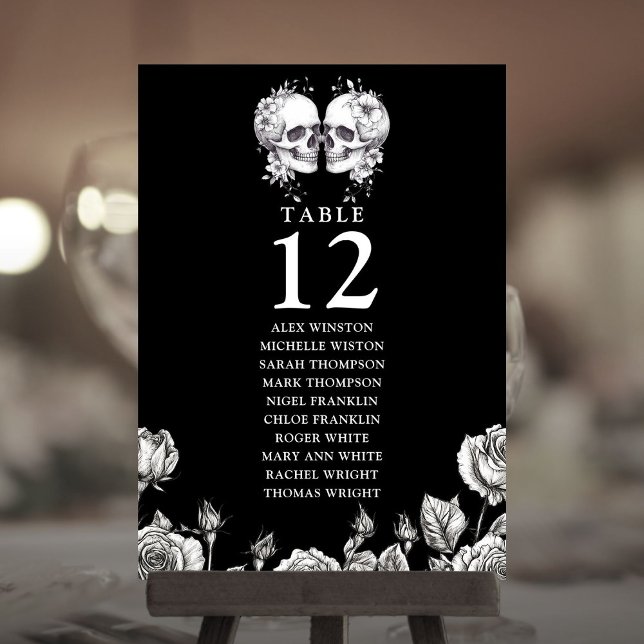 Gráfico de asientos con número de mesa de cráneos  (Gothic Floral Skulls Table Number Seating Chart)