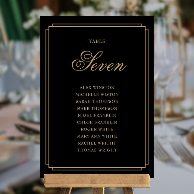 Gráfico de Asientos con Número de Mesa Deco Negro  (Black And Gold Deco Table Number Seating Chart)