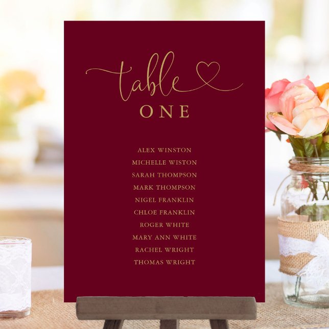 Gráfico de Asientos con Número de Mesa en Burgundy (Burgundy And Gold Table Number Seating Chart)
