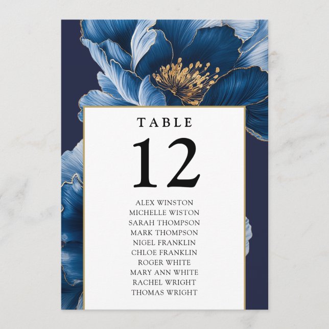 Gráfico de Asientos con Número de Mesa Floral Azul (Anverso)