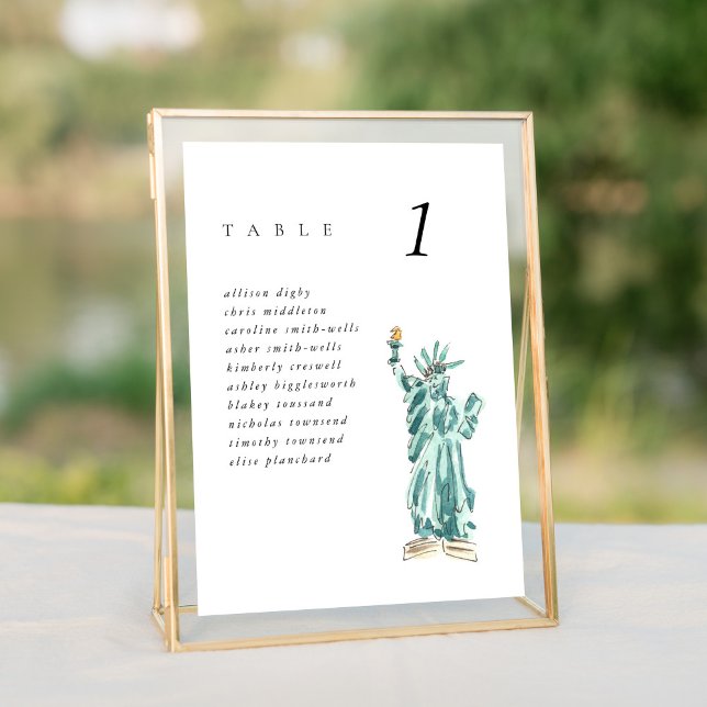 Gráfico de asientos de Bodas de la Estatua de la L (Watercolor Statue of Liberty chic New York City skyline wedding table number cards.)