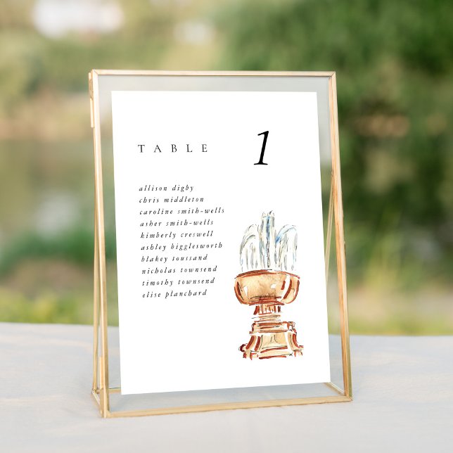 Gráfico de asientos de Bodas de la fuente de Bryan (Watercolor Bryant Park Fountain New York City wedding table number seating chart sign.)