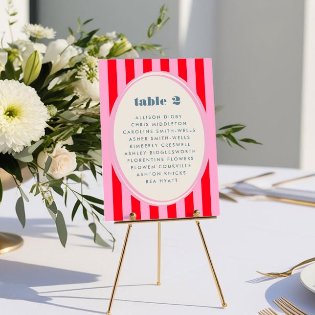 Gráfico de asientos de mesa brillante en negrita r (Pink Red Stripe Bold Bright Table Number Seating Chart Card)