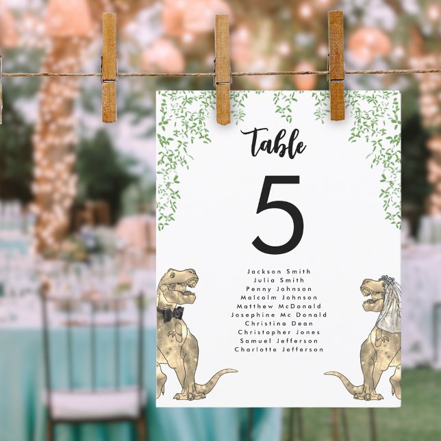 Gráfico de Asientos de Mesa para Boda con Tema de  (Dinosaur themed wedding T-Rex bride and groom with jungle foliage table seating chart)
