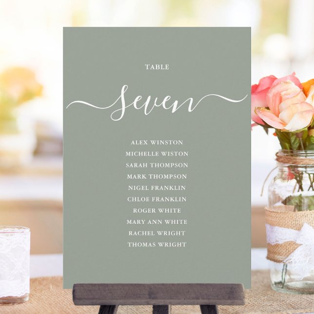 Gráfico de Asientos de Número de Mesa con Letra Ch (Sage Green Chic Script Table Number Seating Chart)