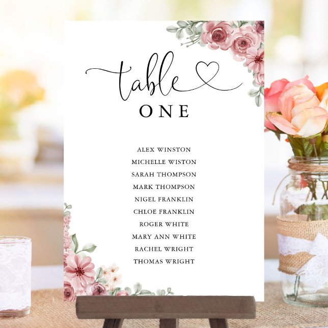 Gráfico de Asientos de Número de Mesa con Letra Co (Floral Heart Script Table Number Seating Chart)