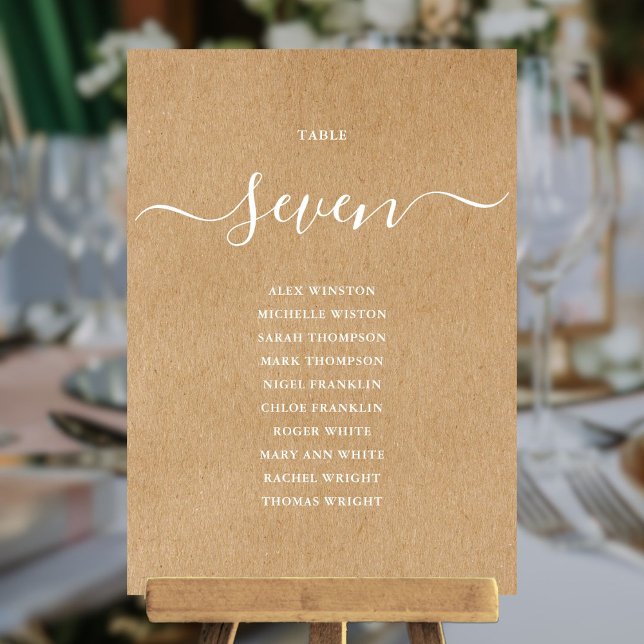 Gráfico de asientos de número de mesa con letra de (Rustic Kraft Script Table Number Seating Chart)
