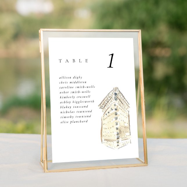 Gráfico de asientos del Boda del edificio Flatiron (Watercolor Flatiron Hotel chic New York City skyline wedding table number cards.)