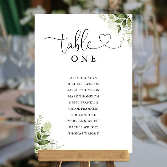 Gráfico de Asientos Número de Mesa con Corazón de  (Greenery Heart Script Table Number Seating Chart)