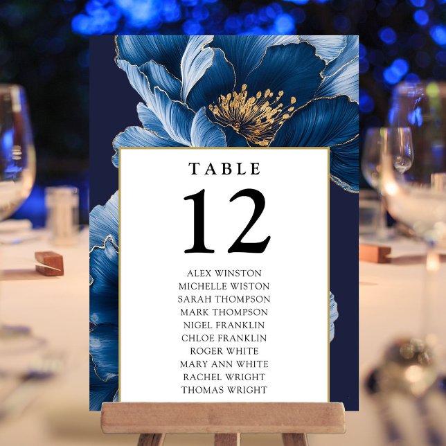 Gráfico de Asientos Número de Mesa Floral Azul Mar (Navy Blue Gold Floral Table Number Seating Chart)