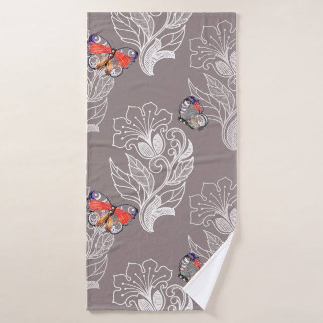 Gráfico de flores y mariposa, acuarela, patrón  (Toalla de baño)