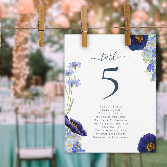 Gráfico de Número de Mesa de Boda de Flor Silvestr (Modern blue wildflower summer floral wedding table number seating chart elegant stylish typography)