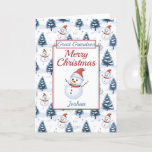 Gran Abuelo Feliz Navidad Snowman<br><div class="desc">Una preciosa tarjeta de Navidades bisnietos. El patrón de diseño presenta adorables hombres de nieve con sombreros y bufandas de santa roja y abetos azules cubiertos de nieve, todo en un fondo nevado. Todo el texto se puede modificar según sea necesario para el personalizar - cambiar el bisnieto a nieto,...</div>