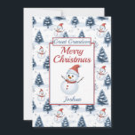 Gran Abuelo Feliz Navidad y planicie de nieve<br><div class="desc">Una preciosa tarjeta de Navidades Flat. El patrón de diseño presenta adorables hombres de nieve con sombreros y bufandas de santa roja y abetos azules cubiertos de nieve, todo en un fondo nevado. Todo el texto se puede modificar según sea necesario para el personalizar - cambiar el bisnieto a nieto,...</div>