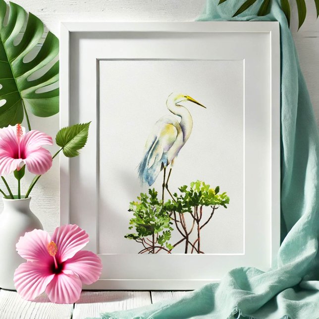 Gran arte de playa tropical de garza blanca (Watercolor art great white heron and mangroves by Victoria Grigaliunas. Order prints. )