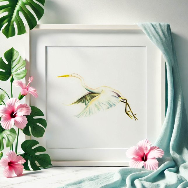 Gran arte tropical de la garza blanca (beach art great white heron watercolor painting by Victoria Grigaliunas. Order prints.)