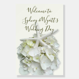 Gran bienvenida Boda Rótulo Starfish Floral blanca